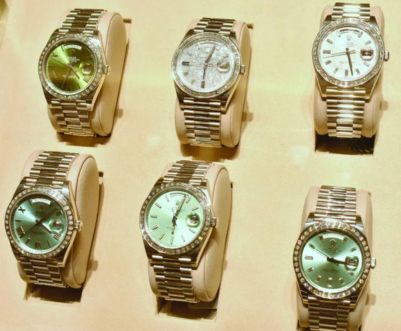 A collection of Rolex watches on display at the Fifty One East pavilion at DJWE 2024.