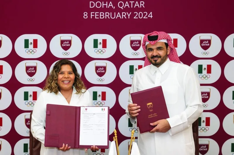 HE Sheikh Joaan bin Hamad al-Thani, President of the Qatar Olympic Committee (QOC) and President of the Organising Committee of the World Aquatics Championships – Doha 2024, and Maria Jose Alcala, President of the Mexican Olympic Committee, after signing an MoU in Doha on Thursday. 