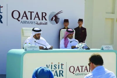 Qatar Tourism president HE Saad bin Ali al-Kharji and Qatar Airways Group CEO engineer Badr Mohammed al-Meer announce the stopover flight packages.