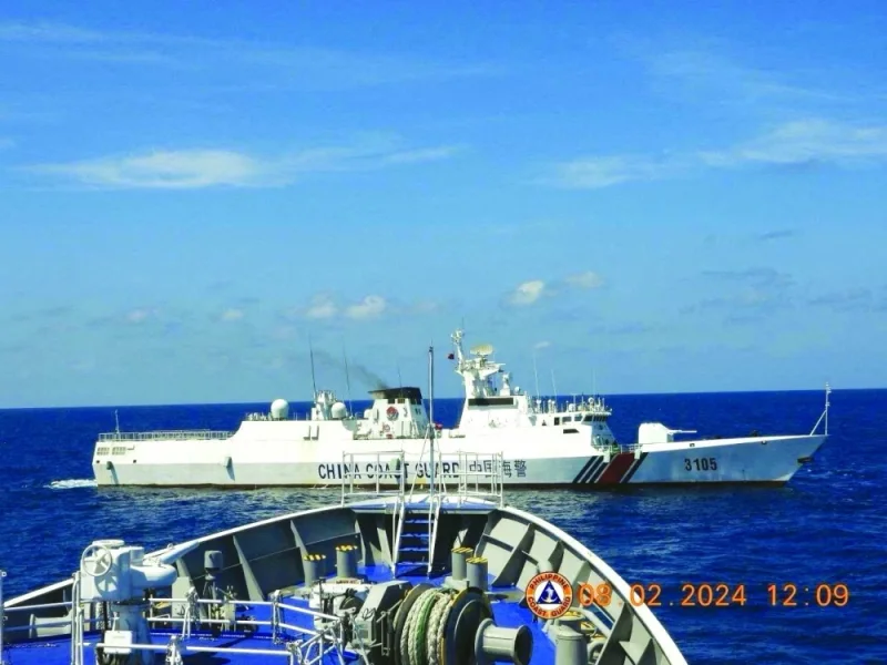 
A China Coast Guard vessel manoeuvres near Philippine Coast Guard vessel BRP Teresa Magbanua near Scarborough Shoal in the South China Sea, Philippines. 