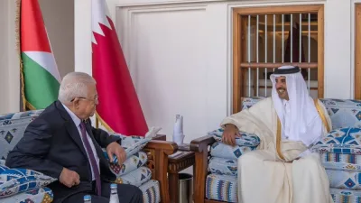 His Highness the Amir Sheikh Tamim bin Hamad Al-Thani meets with the President of the sisterly State of Palestine Mahmoud Abbas, at the Sheikh Abdullah bin Jassim majlis in the Amiri Diwan on Monday.