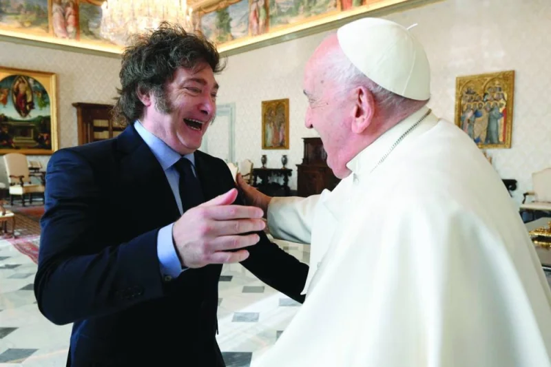Pope Francis during a private audience with Argentinian President Javier Milei in The Vatican on Monday. (AFP)