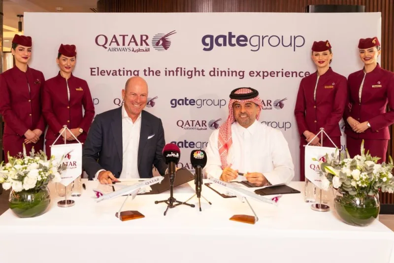 Badr Mohamed al-Meer with Christoph Schmitz. Qatar Airways and gategroup announced a new catering partnership to &#039;elevate&#039; inflight dining, structured through a Business Management Agreement that will see collaboration on passenger dining experiences, sourcing and procurement, healthy eating, as well as sustainability.