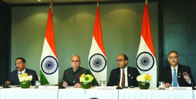 Indian officials (from left) Randhir Jaiswal, Vinay Kwatra, ambassador Vipul, and Assem R Mahajan at the press briefing in Doha. PICTURE: Shaji Kayamkulam
