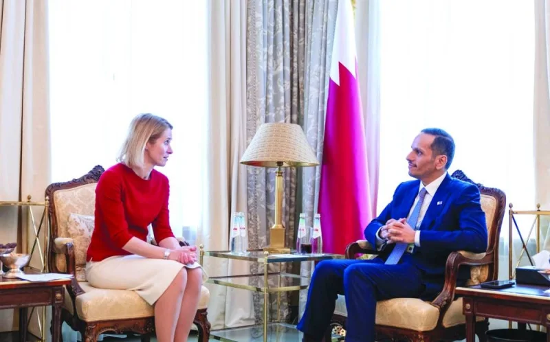 HE the Prime Minister and Minister of Foreign Affairs Sheikh Mohamed bin Abdulrahman bin Jassim al-Thani meets with the Prime Minister of Estonia Kaja Kallas.
