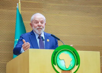 Brazil&#039;s President Luiz Inacio Lula da Silva speaking during the opening ceremony of the 37th Ordinary Session of the Assembly of the African Union (AU) at the AU headquarters in Addis Ababa on Saturday. Ricardo STUCKERT / Brazilian Presidency / AFP