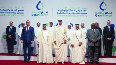 His Highness the Amir Sheikh Tamim bin Hamad al-Thani, HE the Minister of State for Energy Affairs, Saad Sherida al-Kaabi and other dignitaries at the foundation stone laying programme of the Ras Laffan Petrochemical Complex on Monday.