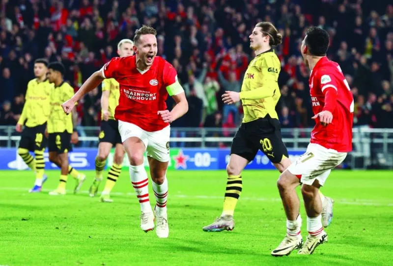 
PSV Eindhoven’s Luuk de Jong celebrates after scoring against Dortmund. (Reuters) 