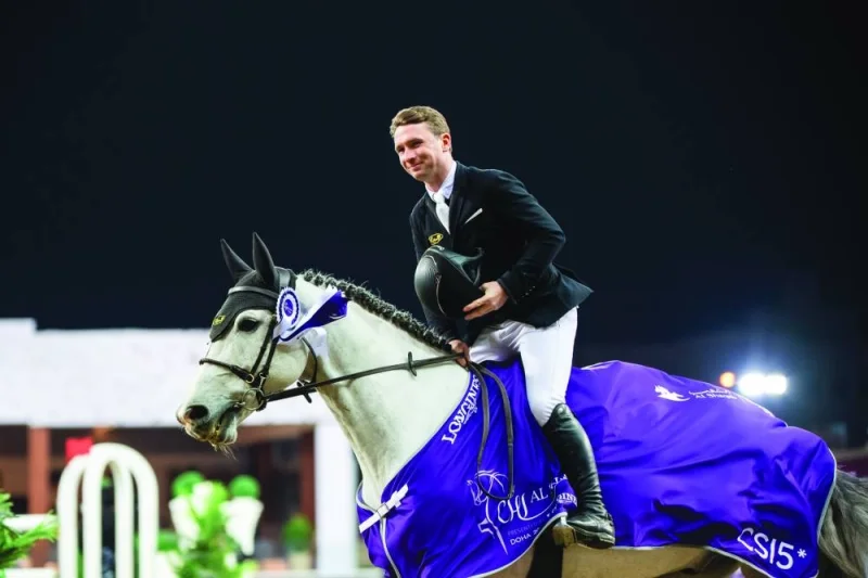 Ireland’s Richard Howley astride Zodiak du Buisson Z celebrates after winning the showjumping CSI5* 1.50m Faults & Time class at the CHI Al Shaqab on Thursday. 