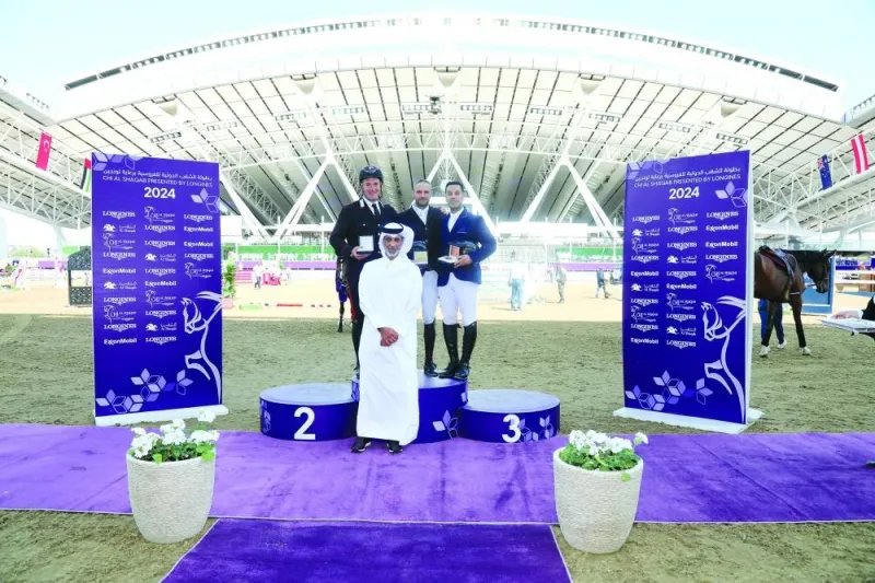 HE Sheikh Hamad bin Khalifa bin Ahmed al-Thani, the Minister of Sports and Youth, presented the trophies to podium winners of the Jumping CSI3* 1.45m Faults and Time at the CHI Shaqab on Thursday. Ibrahim Hani Bisharat topped the class, followed by Emanuele Gaudiano and Kamal Abdullah Bahamdan in second and third place respectively.