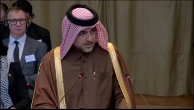HE Dr Mutlaq bin Majid al-Qahtani speaking at the ICJ session in The Hague.
