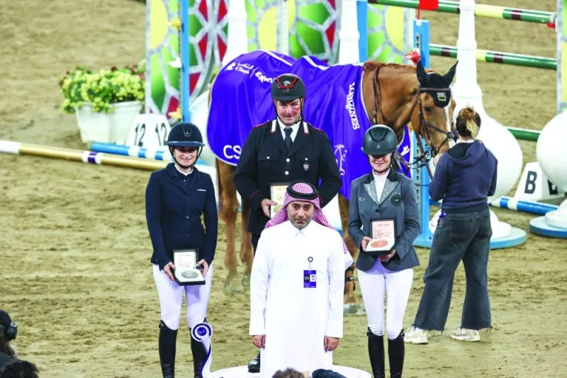 Ahmad al-Hamadi, Commercial Manager of Al Shaqab, presented the medals to podium winners of the showjumping CSI5* 1.55m at the Al Shaqab arena on Friday.