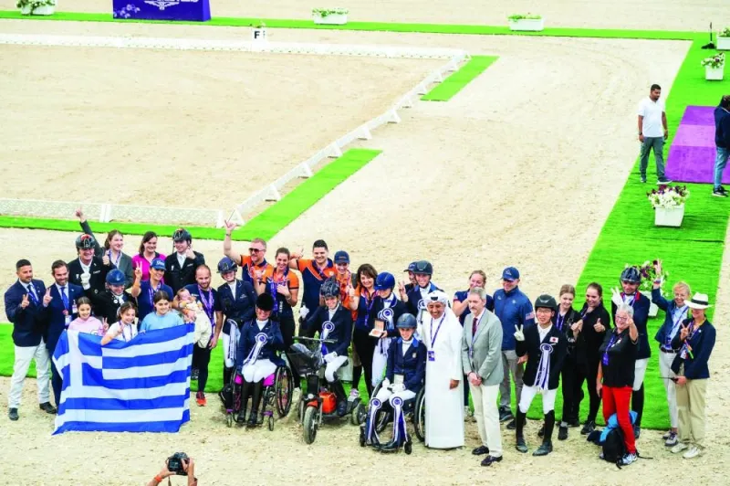 Para-Dressage winners and officials pose after Friday’s competition at the CHI Al Shaqab.