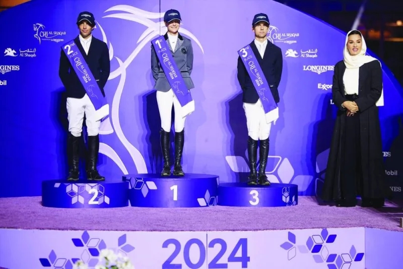 Her Highness Sheikha Moza bint Nasser, Chairperson of Qatar Foundation for Education, Science and Community Development, presented the trophies to top three finishers of the CHI Al Shaqab Grand Prix at the Al Shaqab arena on Saturday.