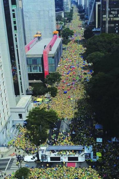 
Aerial view showing supporters of former Brazilian president Bolsonaro attending a rally in Sao Paulo. 
