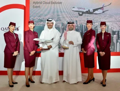 Ooredoo Qatar CEO Sheikh Ali bin Jabor bin Mohammad al-Thani with Qatar Airways Group Chief Executive Officer Badr Mohammed al-Meer at the event where Ooredoo signed a strategic partnership with Qatar Airways to develop and co-design a state-of-the-art ‘Hybrid Multi-Cloud’ environment. PICTURE: Shaji Kayamkulam