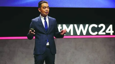 George Gao delivering a keynote address at the Mobile World Congress 2024 in Barcelona on Monday.
