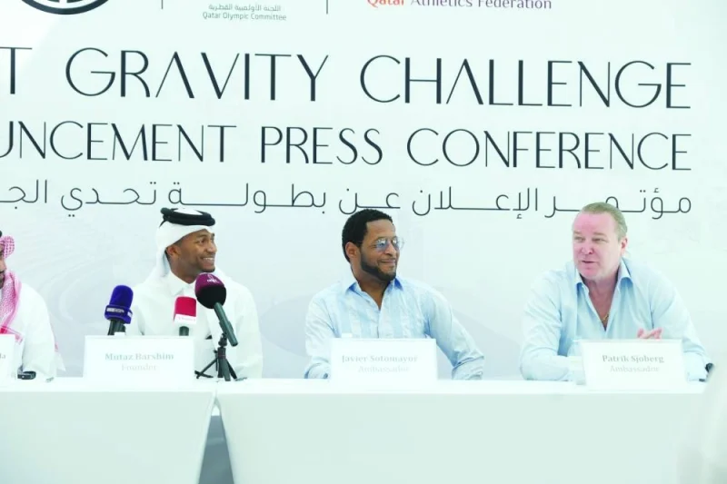 Qatar’s Olympic champion Mutaz Barshim, High Jump legends Javier Sotomayor of Cuba and Patrik Sjoberg of Sweden at the launch of the ‘What Gravity Challenge’ competition in Katara yesterday.