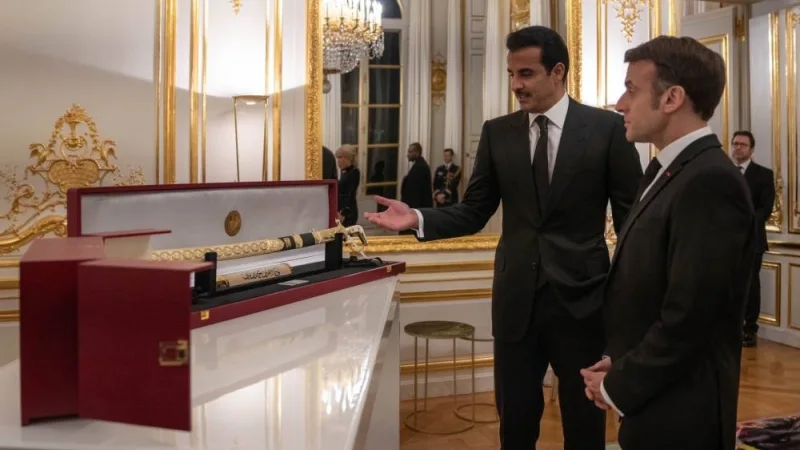 His Highness the Amir granted President Macron the Sword of the Founder Sheikh Jassim bin Mohammed bin Thani.