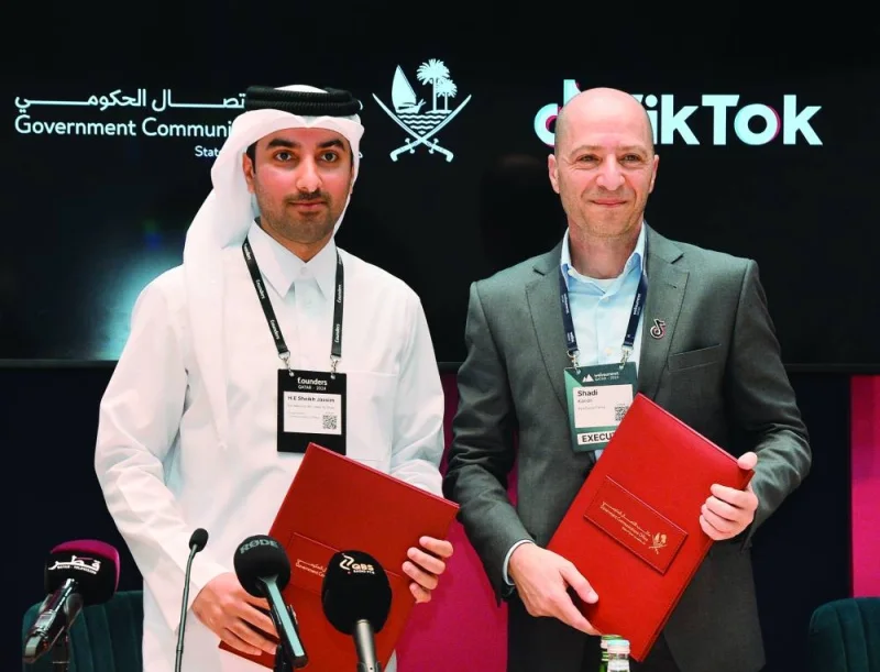 HE Sheikh Jassim bin Mansour bin Jabor al-Thani and Shadi Kandil at the MoU signing at Web Summit Qatar 2024 Wednesday. PICTURE: Shaji Kayamkulam
