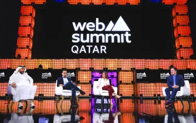 (From left) Mohamed al-Sowaidi, Khaled Talhouni, Noor Sweid, and Zachary Karabell, on Web Summit Qatar 2024&#039;s centre stage. PICTURE: Web Summit Qatar.