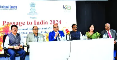 Indian ambassador Vipul announcing details of 'Passage to India' Wednesday, as other officials looks on. PICTURE: Thajudheen Indian ambassador Vipul announcing details of 'Passage to India' Wednesday, as other officials looks on. PICTURE: Thajudheen