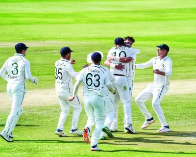 Ireland players celebrate a wicket of an Afghanistan batter on day two of the one-off Test between the two sides in Abu Dhabi on Thursday. 
(@cricketireland)