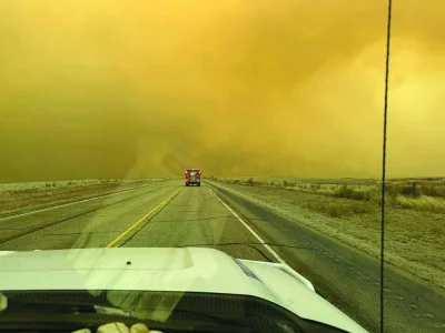 
This picture courtesy of the Flower Mound Fire Department taken on February 27 shows a fire truck driving towards the Smokehouse Creek Fire, near Amarillo, in the Texas Panhandle. 