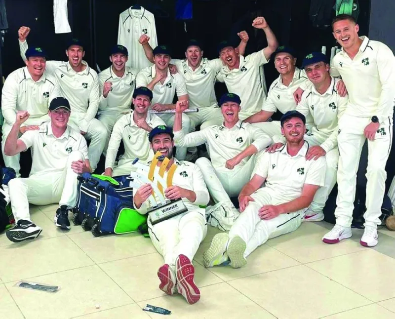 Ireland players celebrate inside their dressing room after beating Afghanistan in their one-off Test in Abu Dhabi on Friday. (@cricketireland)