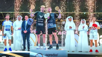 Players and officials at the end of the Ooredoo Qatar Major at the Khalifa International Tennis and Squash Complex in Doha last year. This year’s tournament – that will feature men’s and women’s fields – is to set to start at the same venue from Sunday.