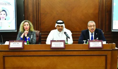 QICCA board member for International Relations Sheikh Dr Thani bin Ali al-Thani joins Mohamed Said Fatha, the former vice-president of the Arab League of Engineers, and Zalfa el-Hassan, the president of the First Instance Civil Court, the Customs Court, and Minors Crimes Court of Beirut, during the seminar.