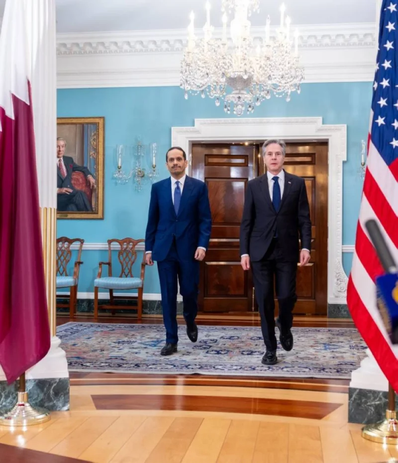 HE the Prime Minister and Minister of Foreign Affairs Sheikh Mohamed bin Abdulrahman bin Jassim al-Thani with the US Secretary of State Antony Blinken.