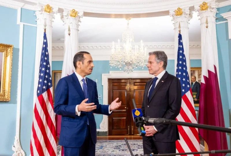 HE the Prime Minister and Minister of Foreign Affairs Sheikh Mohamed bin Abdulrahman bin Jassim al-Thani with the US Secretary of State Antony Blinken.