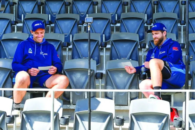 New Zealand captain Tim Southee (left) with former skipper Kane Williamson in Christchurch on Thursday. Both players will appear in their 100th Test when the second match of the series against Australia starts on Friday. (@BLACKCAPS)