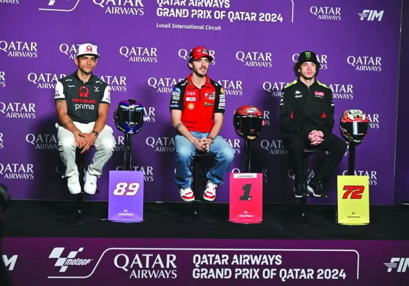 Two-time MotoGP defending champion Francesco Bagnaia (centre) of Ducati, last year’s runner-up Jorge Martin (left) of Pramac Racing and Marco Bezzecchi of Pertamina Enduro VR46 team attend a press conference in Lusail on Thursday.