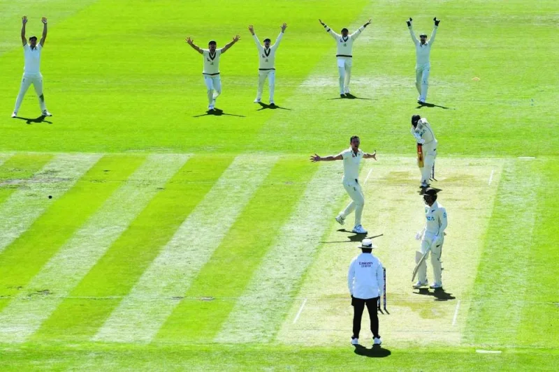 Australia’s Josh Hazlewood (centre) and his teammates appeal for a leg before wicket decision against New Zealand’s Kane Williamson on day one of the second Test at Hagley Oval in Christchurch on Friday. (AFP)