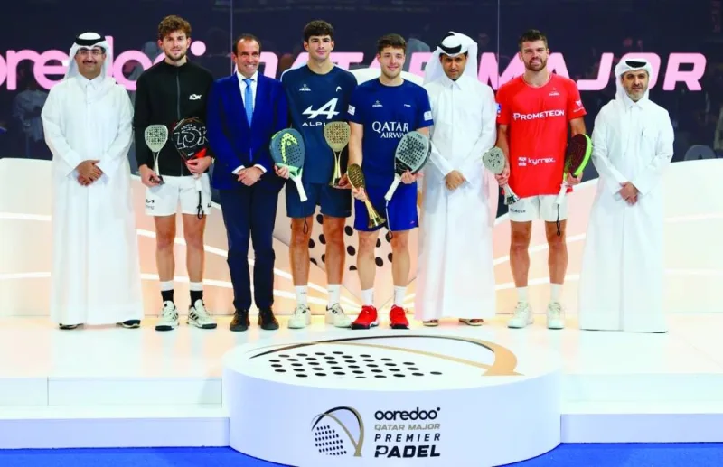 Arturo Coello and Agustin Tapia are seen on the podium after beating Mike Yanguas and Javi Garrido in the men’s final of 2024 Ooredoo Qatar Major padel tournament held at the Khalifa Tennis and Squash Complex in Doha on Friday. Coello and Tapia won 6-0, 6-2 in 53 minutes. Qatar Tennis Federation (QTF) president Nasser al-Khelaifi and secretary general Tareq al-Zainal were present at the prize distribution ceremony.
