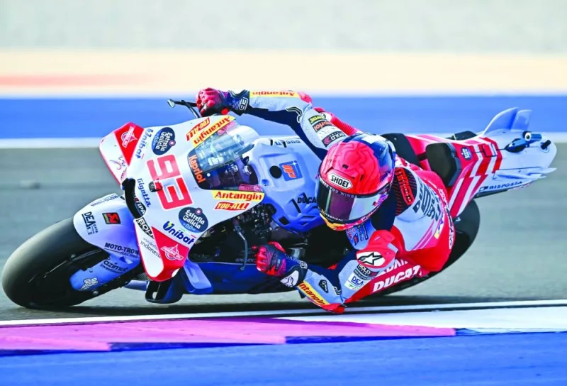 Gresini Racing’s Spanish rider Marc Marquez steers his bike during the practice session at the Lusail International Circuit on Friday. PICTURES: Noushad Thekkayil