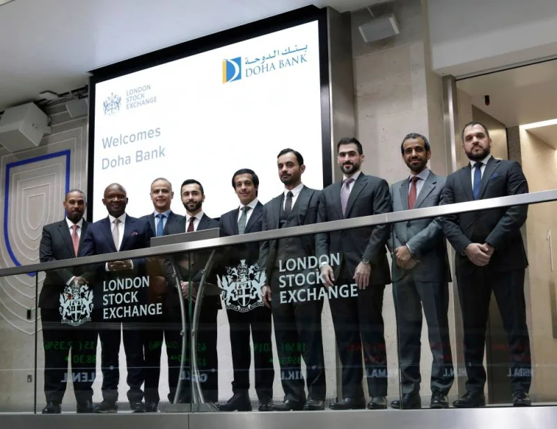 Doha Bank Group chief executive officer Sheikh Abdulrahman bin Fahad bin Faisal al-Thani with senior executives at the London Stock Exchange. Doha Bank has successfully issued a $500mn international bond with a tenor of five years and a coupon rate of 5.25% per year.