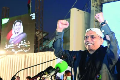 
Pakistan Peoples’ Party leader Asif Ali Zardari gestures to supporters during a campaign rally for the 2024 General Elections in Larkana. (AFP) 