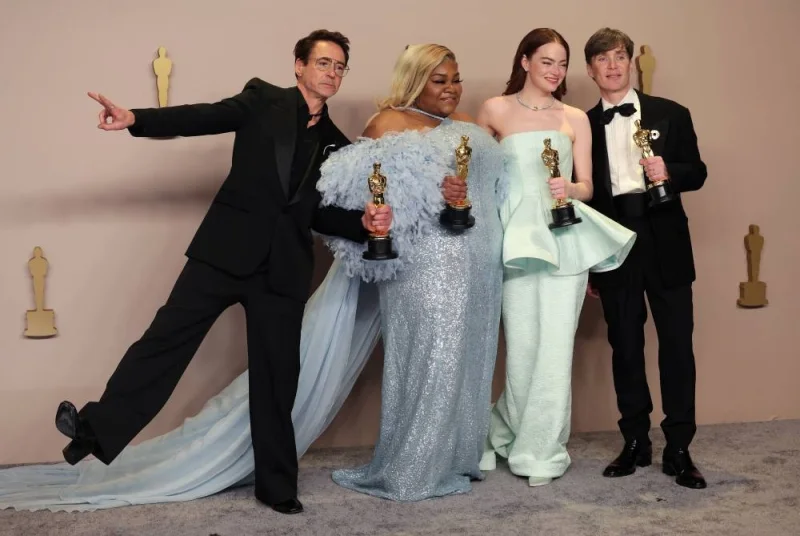 Cillian Murphy, winner of the Best Actor Oscar for "Oppenheimer", joins Emma Stone, winner of the Best Actress Oscar for "Poor Things", Da&#039;Vine Joy Randolph, Best Supporting Actress Oscar winner for "The Holdovers", and Robert Downey Jr., Best Supporting Actor Oscar winner for "Oppenheimer", in the Oscars photo room at the 96th Academy Awards in Hollywood, Los Angeles. REUTERS