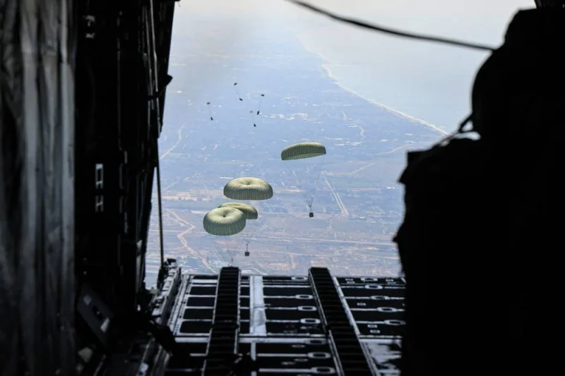 Humanitarian aid being airdropped from a military aircraft over the Gaza Strip. Jordanian army / AFP