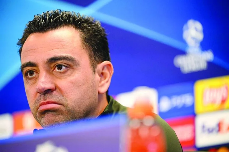 Barcelona’s Spanish coach Xavi gives a press conference at the training centre in Barcelona on Monday. (AFP)