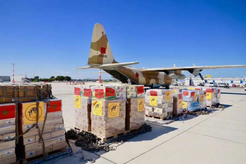 Humanitarian aid shipped from Morocco to the people in Gaza being handled at the Israeli Ben Guiron Airport in Tel Aviv on March 11. Maghreb Arabe Presse/AFP
