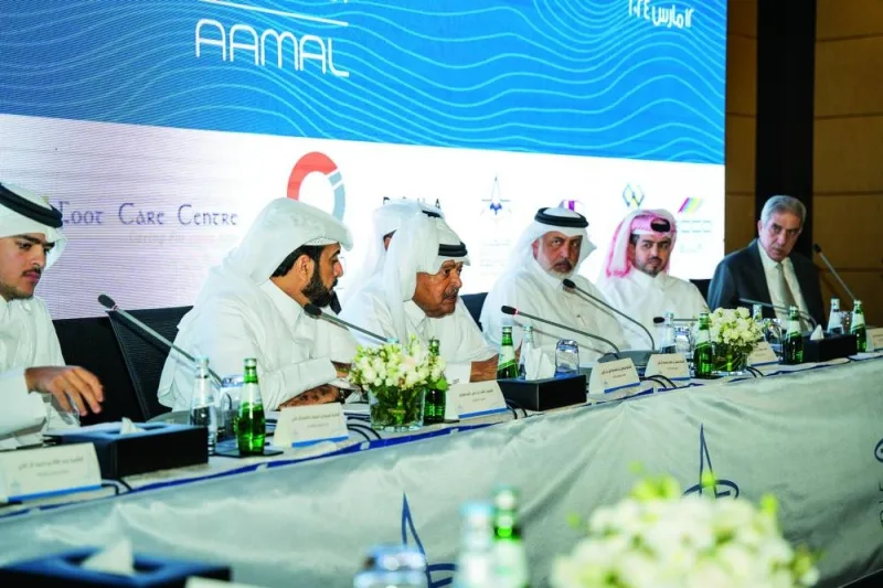 Aamal chairman HE Sheikh Faisal bin Qassim al-Thani delivering a speech during the company&#039;s Annual Ordinary General Assembly Meeting held recently.