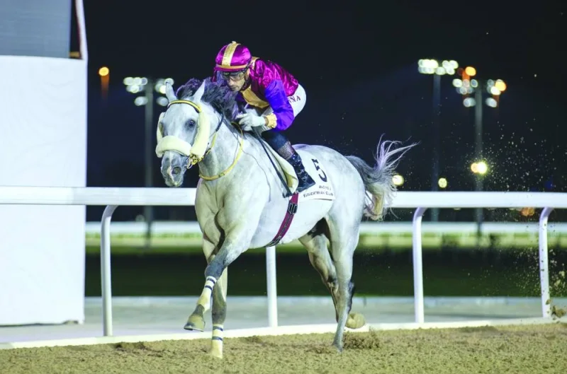 Jockey Alberto Sanna guides Safi Al Zaman to Rodat Al Maida Cup victory at Al Rayyan Racecourse on Wednesday. PICTURES: Juhaim