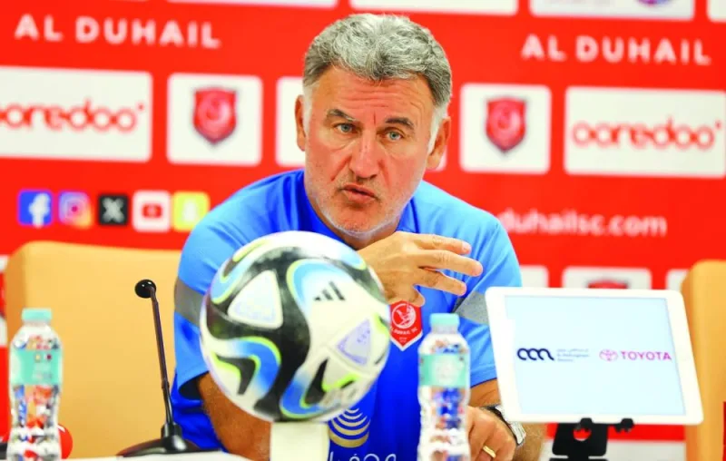 Al Duhail counterpart Christophe Galtier at a press conference on Thursday, on the eve of their team’s Expo Stars League match.