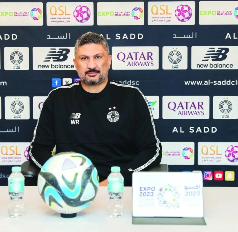 Al Sadd’s coach Wesam Rizik at a press conference on Thursday, on the eve of their team’s Expo Stars League match.
