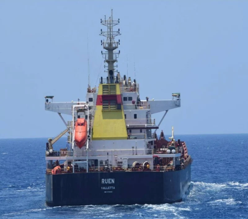 The Maltese-flagged bulk cargo vessel Ruen seized by Somali pirates, which was intercepted by the Indian Navy, is pictured at sea. SpokespersonNavy via X /Handout via REUTERS