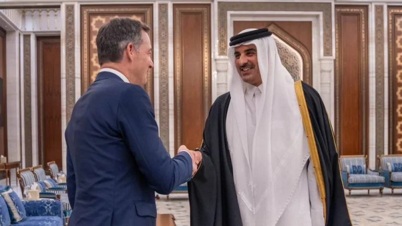 His Highness the Amir Sheikh Tamim bin Hamad al-Thani receives thePrime Minister of the Kingdom of Belgium Alexander De Croo.